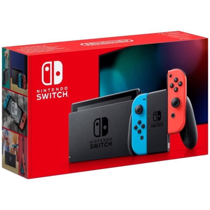 Console Nintendo Switch avec un Joy-Con bleu néon et un Joy-Con rouge néon
