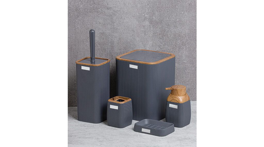 Okyanus Stripe Square Bathroom Set 5 pcs Grey/Wooden OKY-501-3-A-GRY