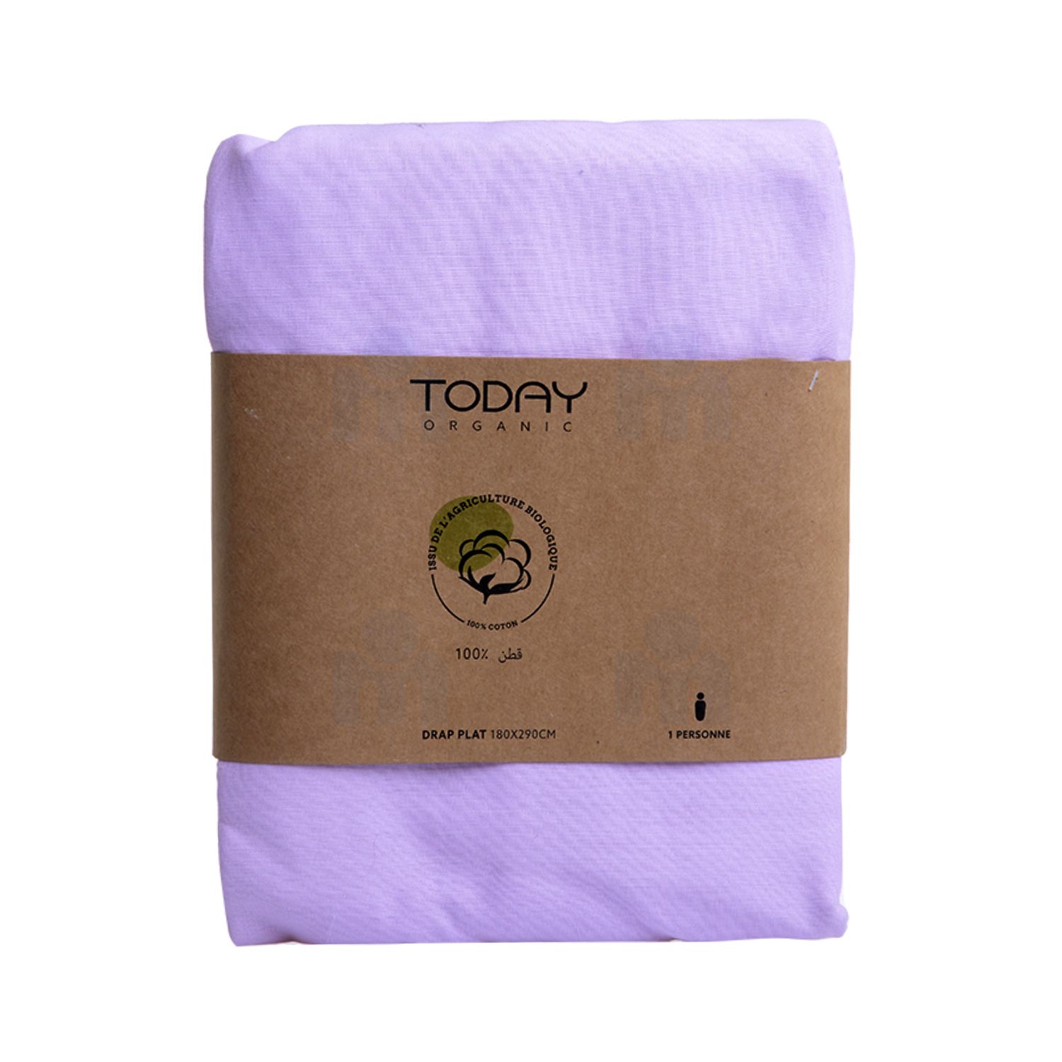 Drap plat coton bio 57 fils 180x290cm poudre de lilas x1 pièce - TODAY