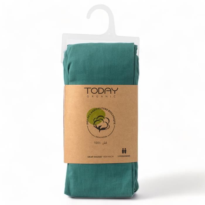 DRAP HOUSSE COTON BIO 57 FILS EMERAUDE - 140*190 CM