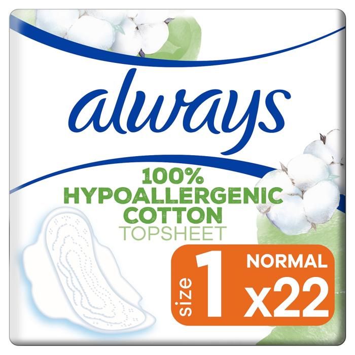 Always 100% Coton Hypoallergénique Serviettes Hygiéniques Pure Normal - 22 unités