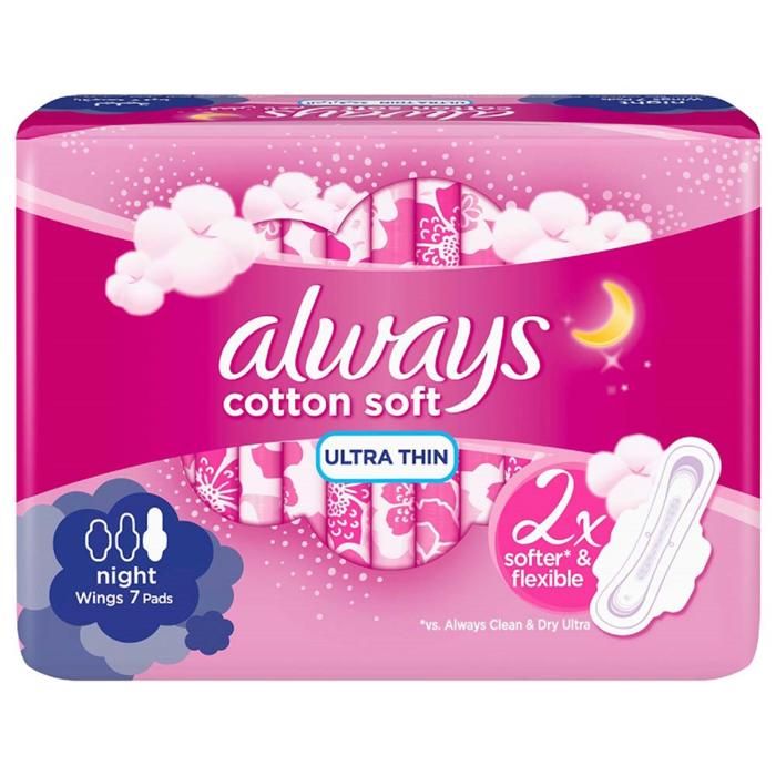 Always Serviettes Hygiéniques Ultra Fine Douceur Coton Long Nuit - 7 unités