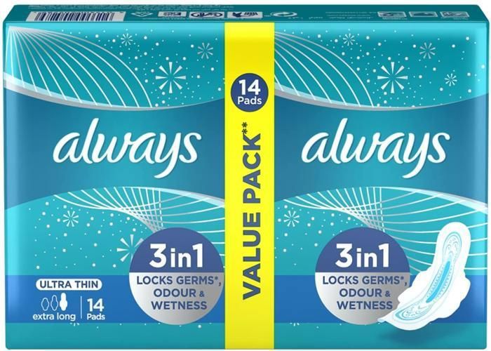 Always Serviettes Hygiéniques Ultra Fine 3en1 Extra Long - 14 unités