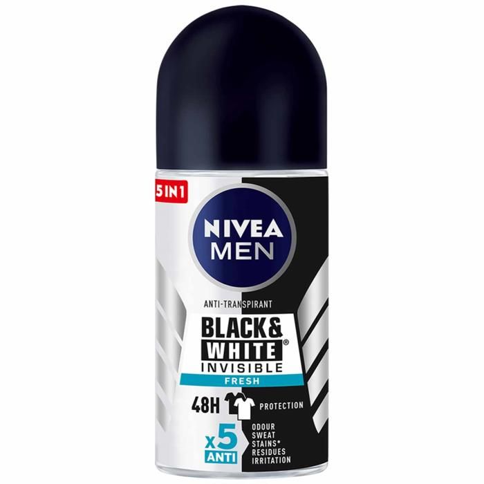 NIVEA MEN,  Déodorant Homme, Invisible Black&White Fresh, Roll-on 50ml