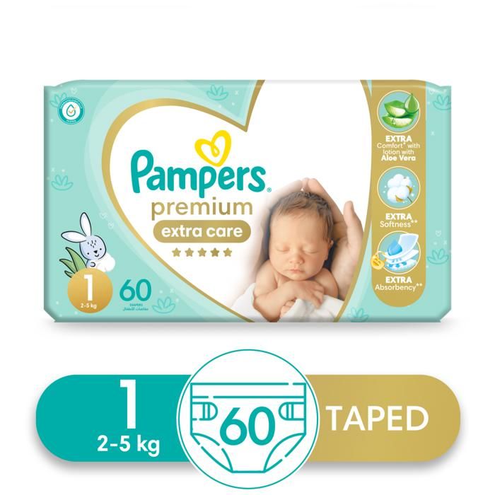 Pampers Premium Care Nouveau-né Couches Bébé Taille 1 (2-5kg) - 60 unités