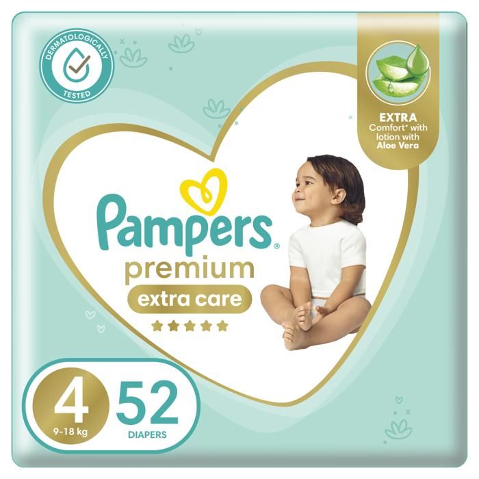 Pampers Premium Care Couches Bébé Taille 4 (9-18kg) - 52 unités