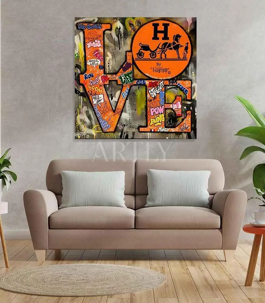 Tableau décoratif Hermès love graffiti L60 x H60 cm imprimé sur bâche enduite
