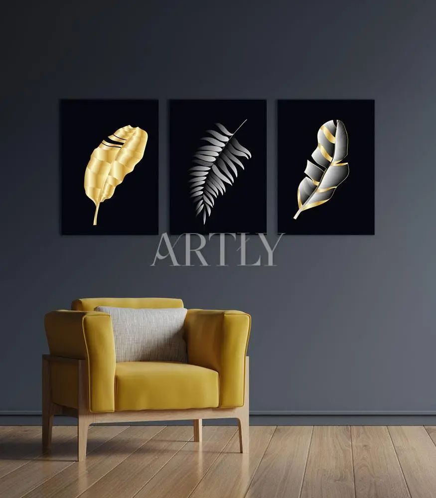 Tableau décoratif Trio Noir Doré L65 x H100 cm de 3 panneaux imprimé sur canvas en toile artistique