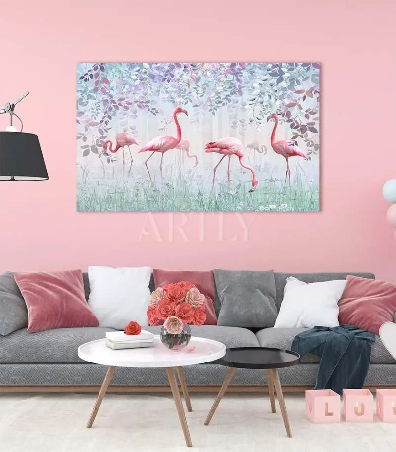Tableau décoratif Flamants roses L100 x H65 cm imprimé sur canvas en toile artistique