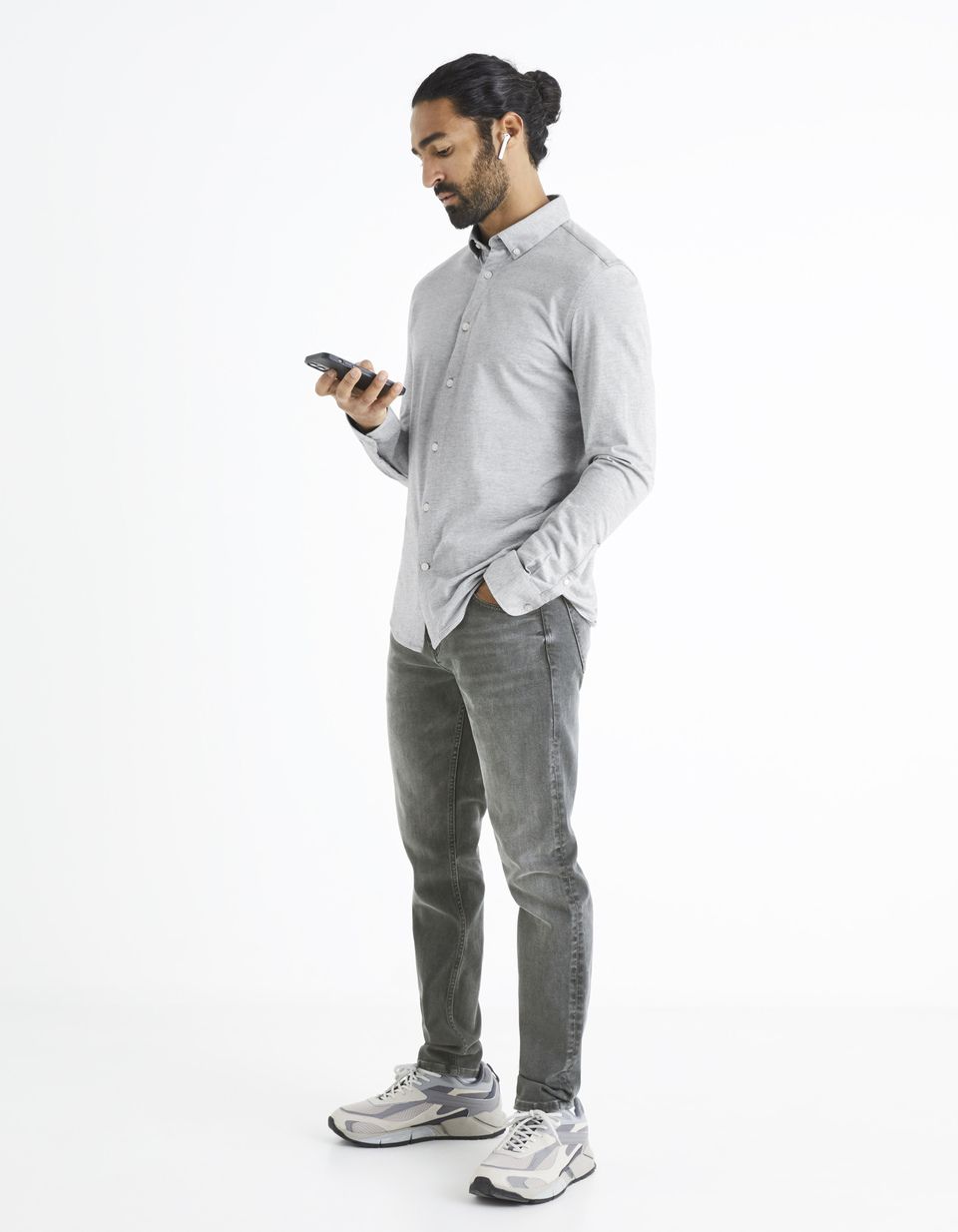 Chemise manches longues slim - 100% coton maille piquée