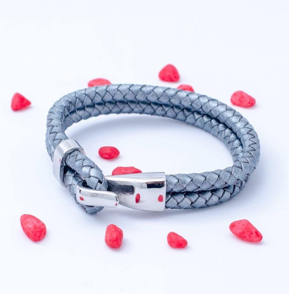 Bracelet en Cuir double Tresse à motif en Acier Inoxydable - Gris + Boite Cadeau