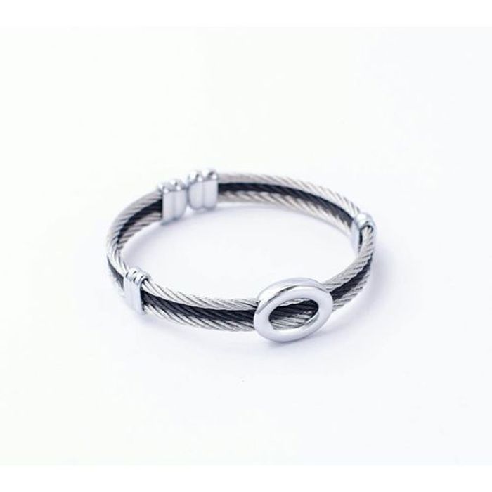 Bracelet 100% Acier Noir-Argenté à motif Rond + Boite cadeau