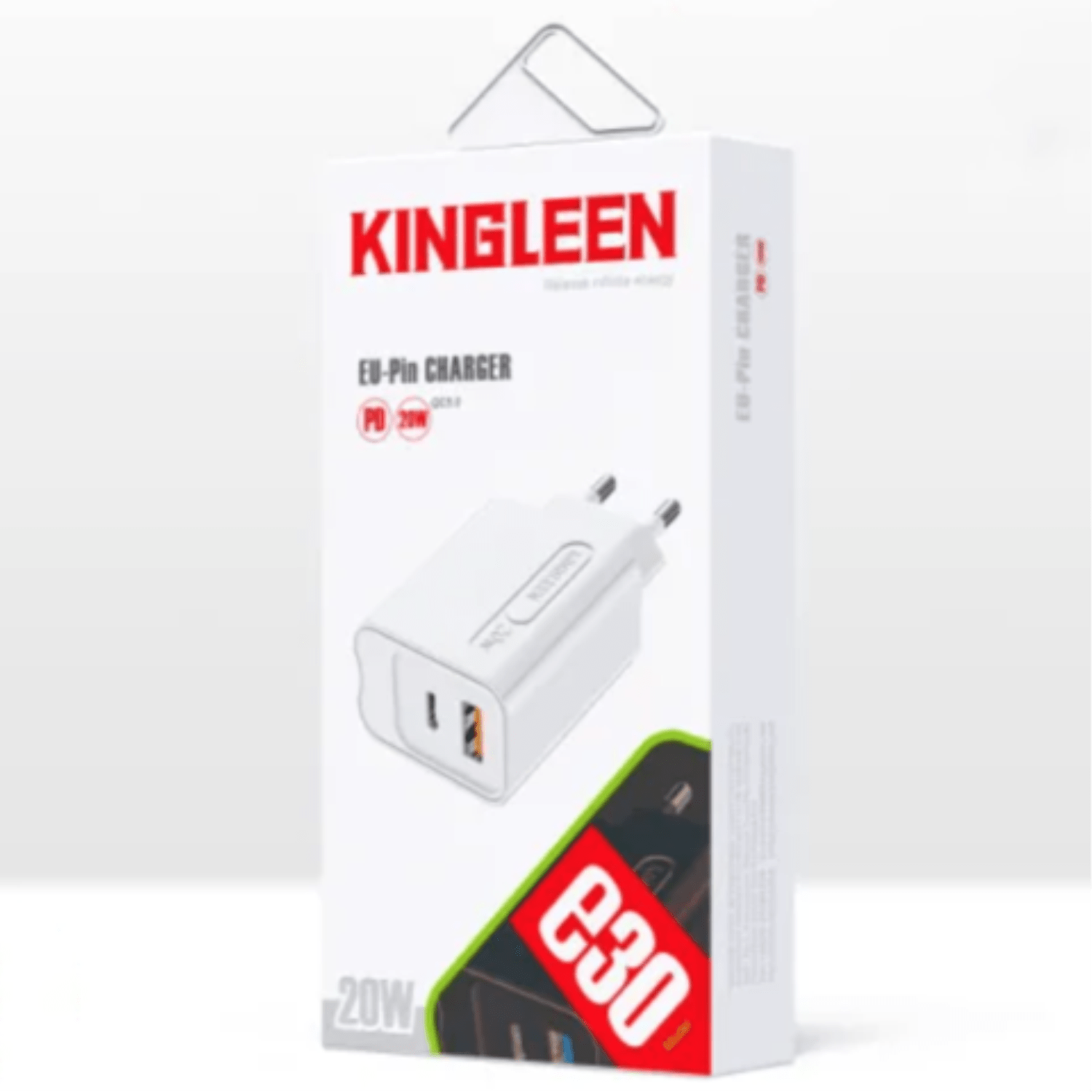 KINGLEEN HOME CHARGER (E30) USB + TYPE-C 20W + CÂBLE LIGHTNING WHITE (EU)
