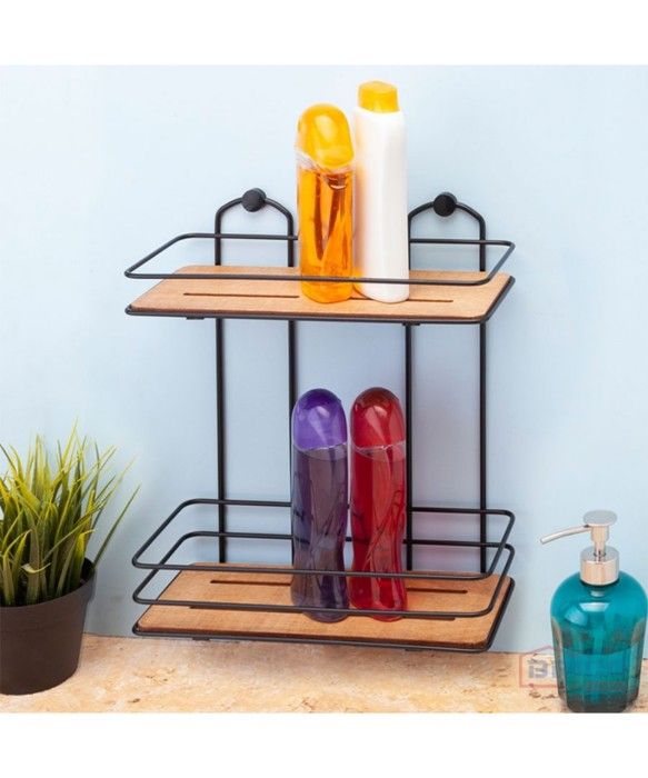Etagère de salle de bain à 2 niveaux en bois et aluminium -Noir