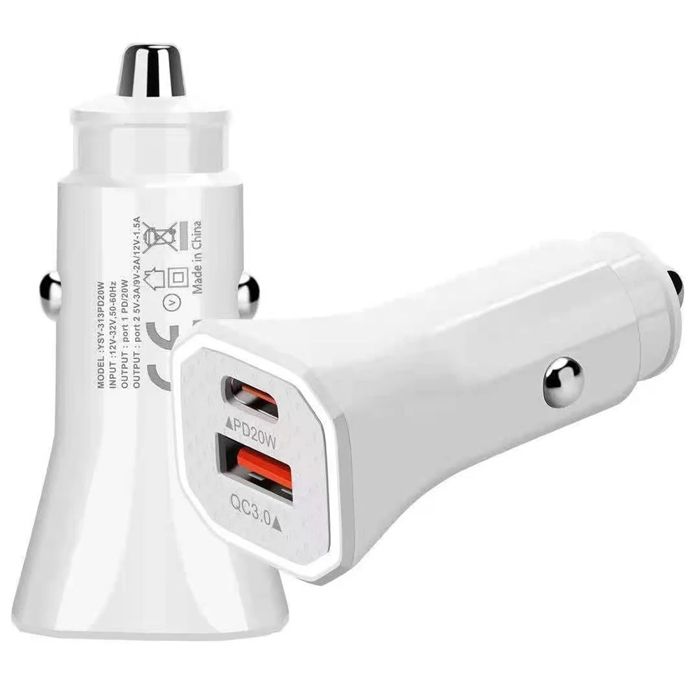 Chargeur de voiture, Charge rapide USB 20W type-c 4.0/3.0, adaptateur pour Huawei iPhone 13/12/Xiaomi Blanc