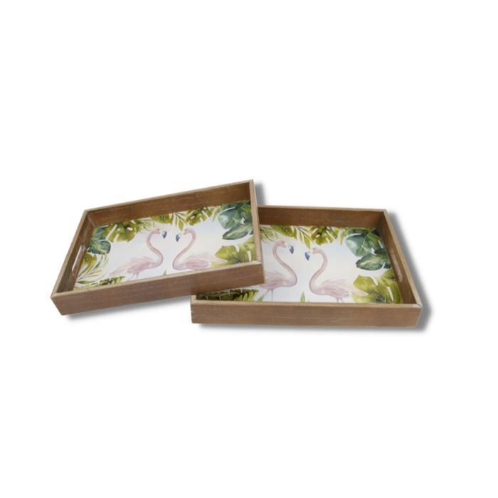 SET 2 PLATEAUX  EN BOIS  FLAMANT ROSE