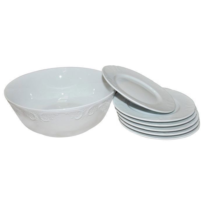 BATLHA SALADIER 22 CM+6 ASSIETTES 16CM  PORCELAINE BLANCHE