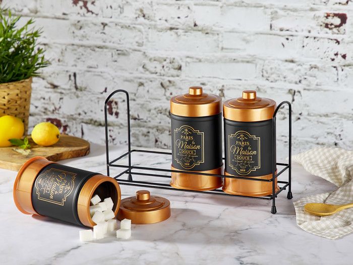 set de 3 boites à épices en verre noir thermique couvercle dorés