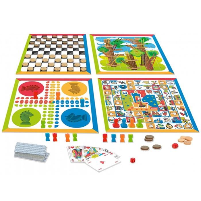 COFFRET « 4 JEUX » DE SOCIETE ET JEU DE CARTES – PIONS EN BOIS – JEUJURA