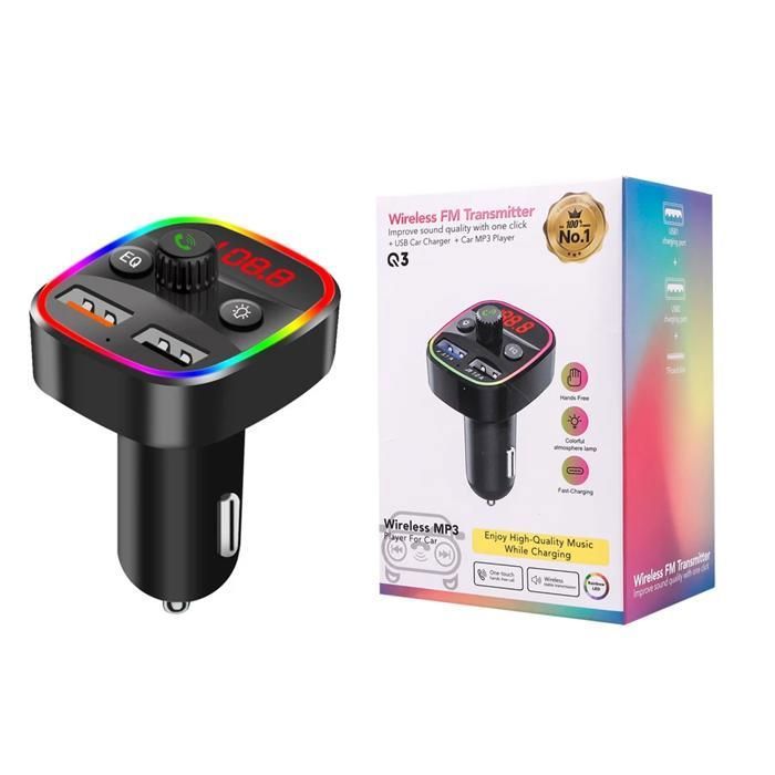 TRANSMETTEUR FM DE VOITURE mains libres pour voiture, double USB 3.1A RGB
