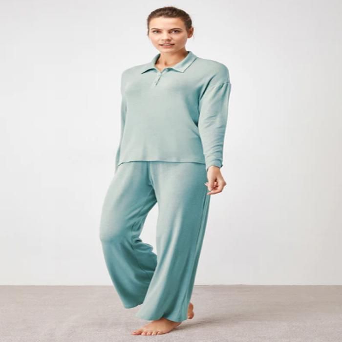 Pyjama femme vert eau uni à col polo