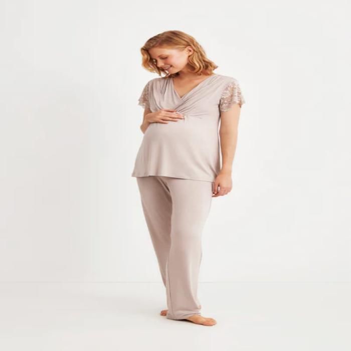 Pyjama maternité - CATHERINE'S MATERNITE - Beige - Taille haute élastiquée - Dentelle - Allaitement facile - Marjane Mall - Image 1