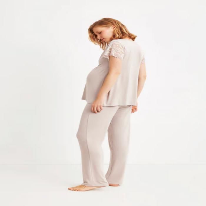 Pyjama maternité - CATHERINE'S MATERNITE - Beige - Taille haute élastiquée - Dentelle - Allaitement facile - Marjane Mall - Image 2