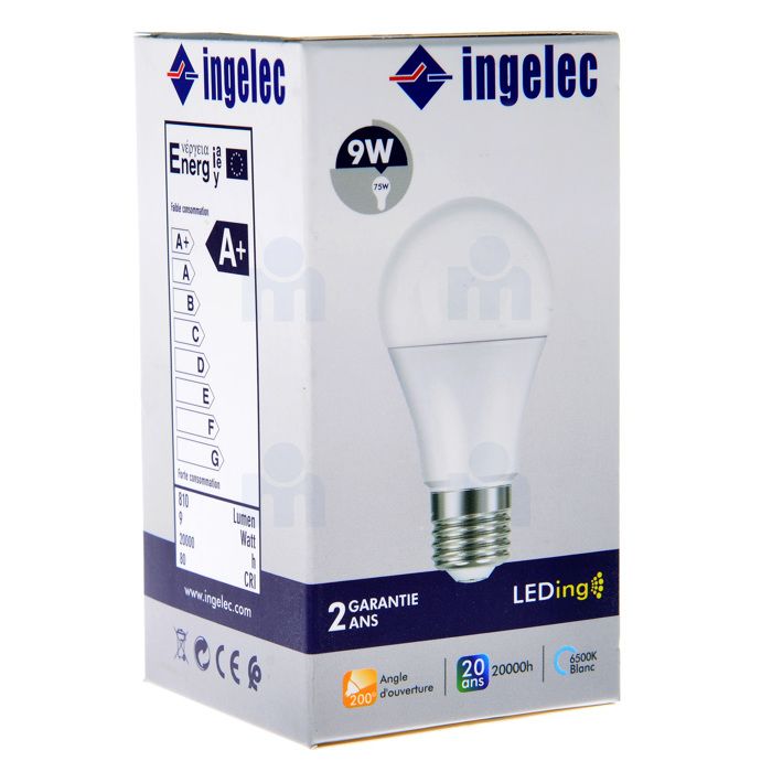 Ampoule LED A60 9W E27 6500K lumière blanche - INGELEC