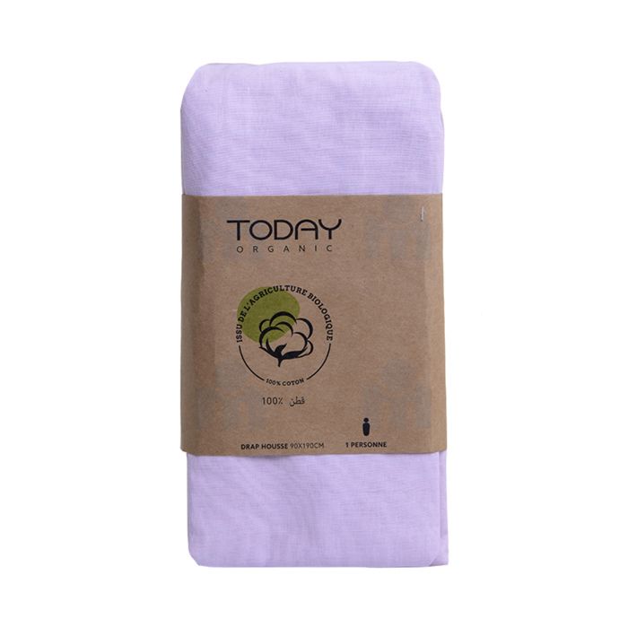 Drap housse sans poche coton bio 57 fils 90x190cm poudre de lilas x1 pièce-TODAY