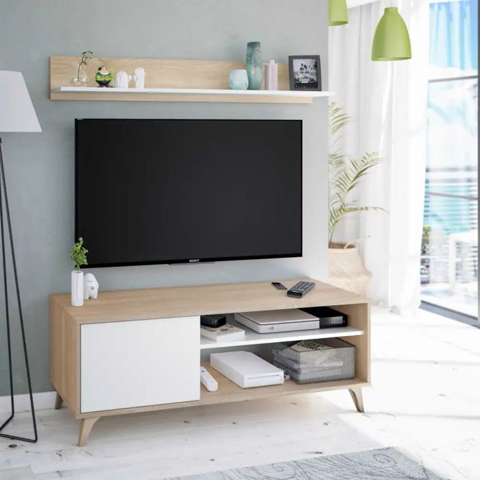 KIKUA Plus – Meuble TV 135 cm avec Étagère Suspendue – Blanc & Chêne