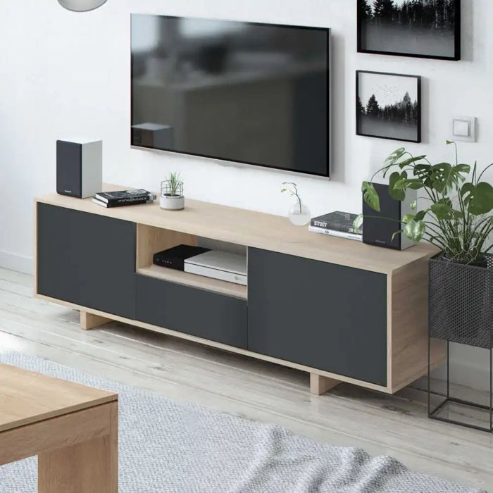Zaira meuble tv 3 portes Chêne et gris anthracite 150 cm