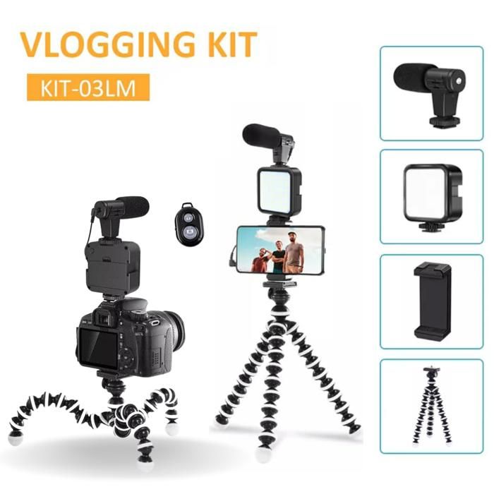Kit de Studio de photographie professionnel, Kit-03LM, vlog, avec Microphone, trépied d'éclairage, pour téléphones Android/iOS
