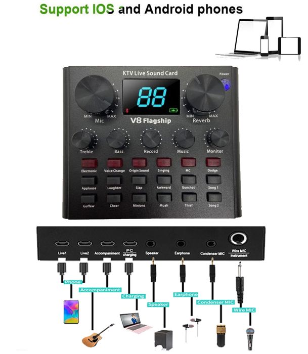 Carte son en direct, avec câble Audio USB, BT, effets sonores universels pour téléphone et ordinateur