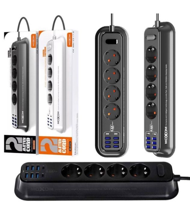 Rallonge Multiprises d'alimentation de charge 3.4a dans 12 prises et identification automatique (6 USB, 2 TYPE-C, 4 EU) 2 mètres