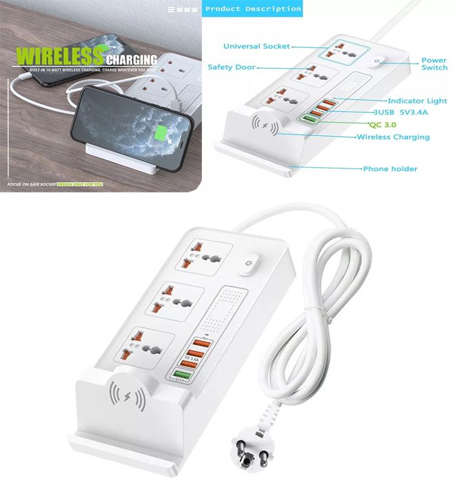 Multiprise intelligente avec chargeur sans fil 2USB + Charge rapide QC 3.0 prise de bureau Station de Charge 3AC WIRELESS SMART IQ