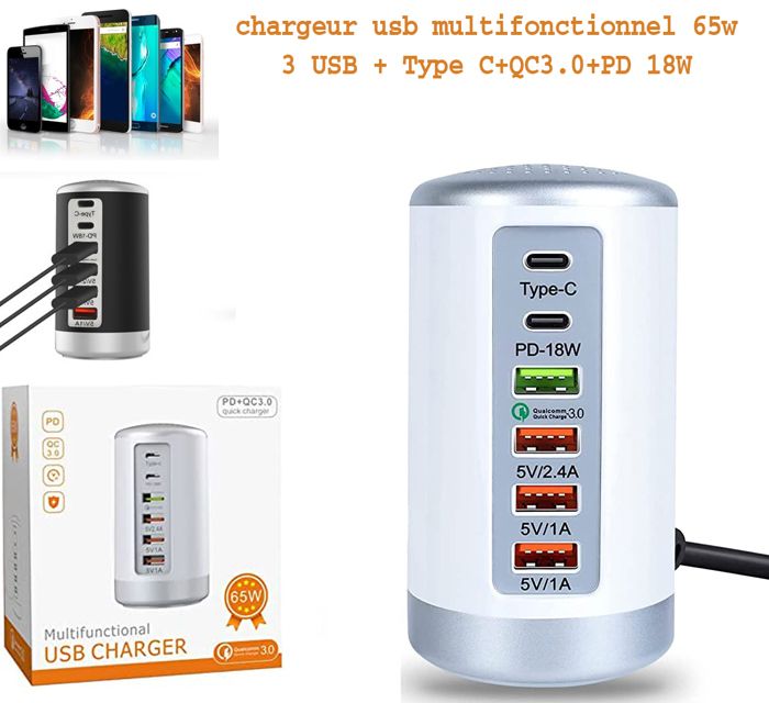 Chargeur USB TSV 65W 6 Ports USB Station de Charge Hub Chargeur Mural 3 USB + Type C + QC3.0 + PD 18W Adaptateur Rapide Multi-Port