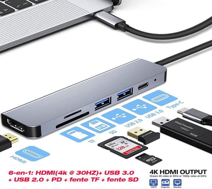 6en1 Multi répartiteur adaptateur USB-C HUB type-c à 4K HDMI-compatible 2 USB3.0 TF SD lecteur PD pour Ordinateur MacBook TV PC Hub