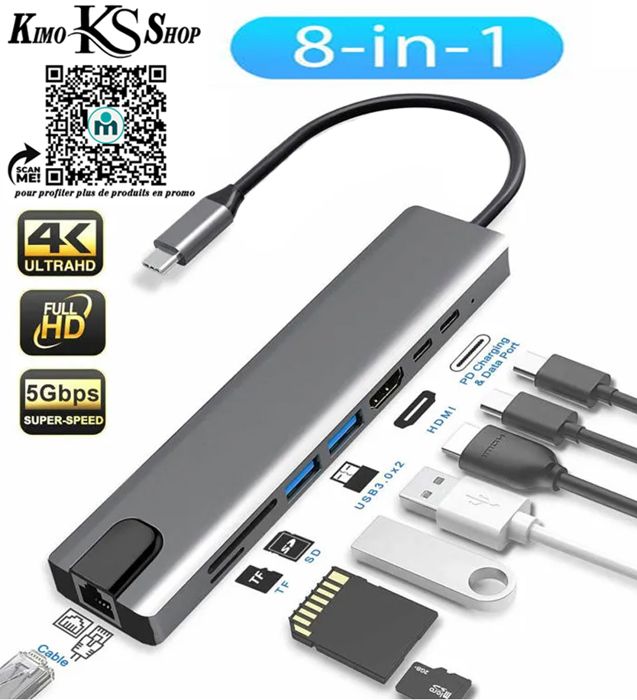 8 in 1 Station d'accueil USB Type C  SD / Micro, port HDMI 4k pour ordinateur portable, adaptateur pour Macbook