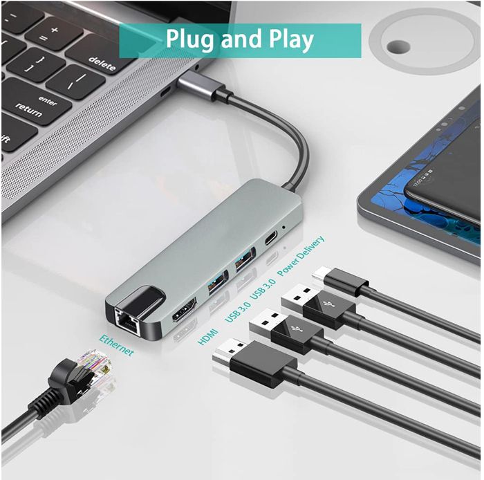 Hub 5 en 1 USB type-c vers HDMI 4K, USB 3.0 LAN, Station d'accueil Ethernet, adaptateur PD, chargement pour MacBook Air/Pro Notebook