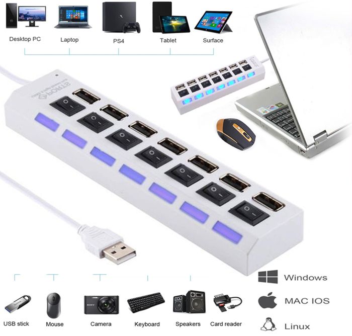 Adaptateur 7 Ports Usb Hub LED haute vitesse 480 Mbps avec interrupteur marche/arrêt pour PC Ordinateur Périphériques Accessoires