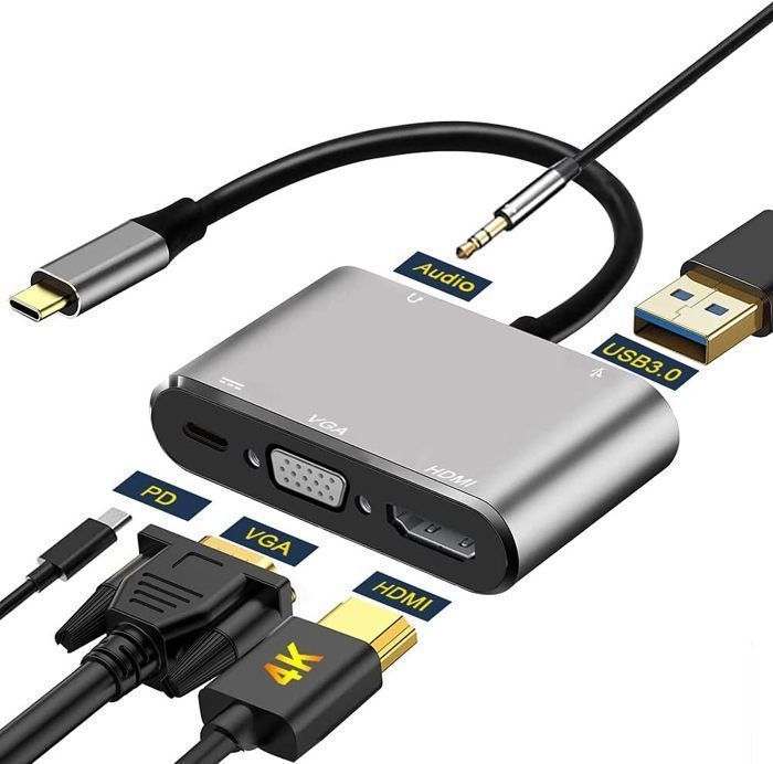 5 en 1 Câble adaptateur USB 3.1 HDMI convertisseur de Type C vers HD 4K Prise Charge PD VGA  Audio pour téléphone portable MacBook