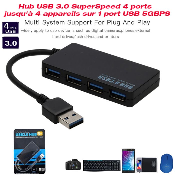Multiple USB Hub USB 3.0 Super Speed ​​4 ports jusqu'à 4 appareils sur 1 port USB 5GBPS