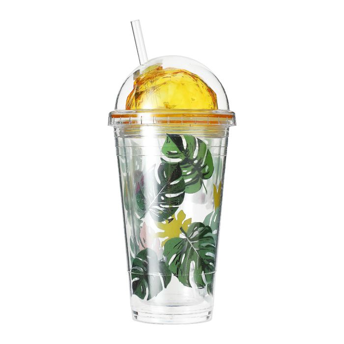 Bouteille en plastique avec paille, 450 ml (couvercle jaune)