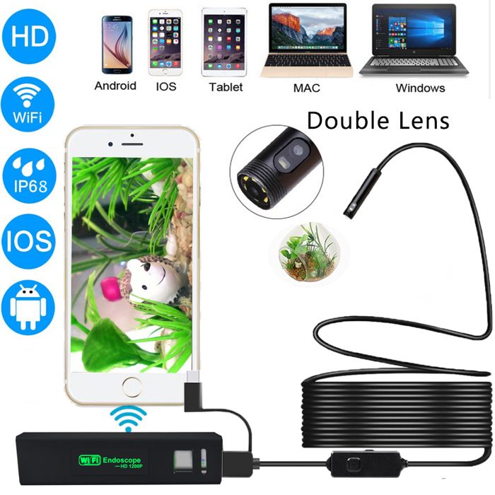 3en1 Endoscope Wifi à double objectif 8MM USB caméra d'inspection électronique Flexible pour téléphone Android / Pour Windows / IOS