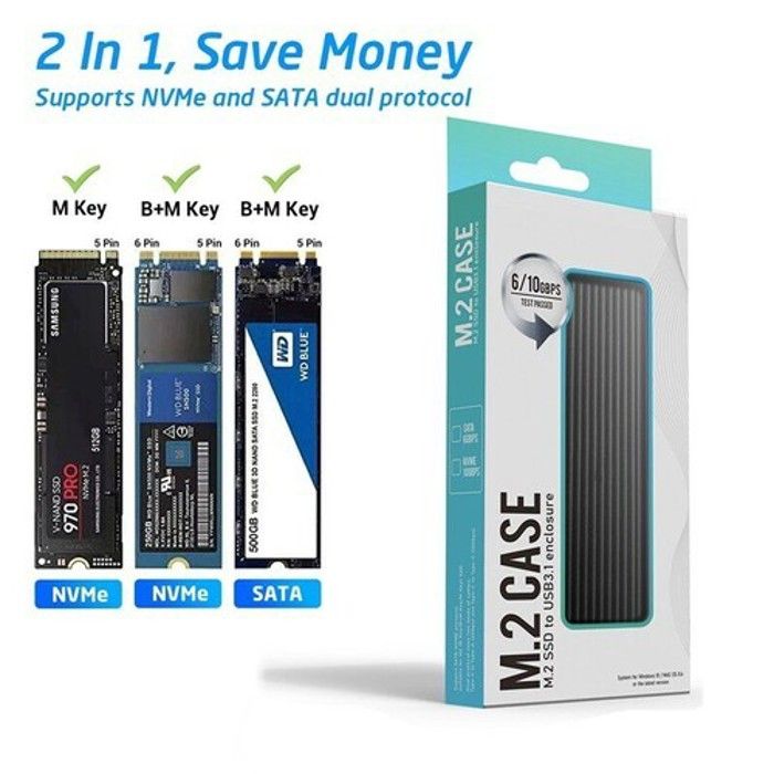 boitier disque dur,disque dur externe,boitier ssd boitier ssd m2 M.2 NVMe/NGFF pour disque dur SATA, double protocole 10Gbps