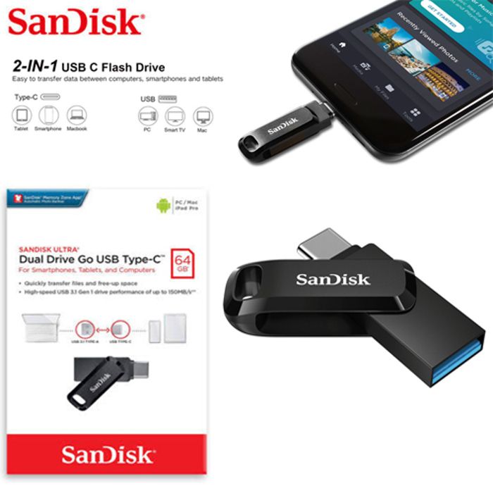 2 en 1 Clé USB Ultra Dual Drive Go de 64 Go Port USB Type-C avec prise en charge USB 3.1