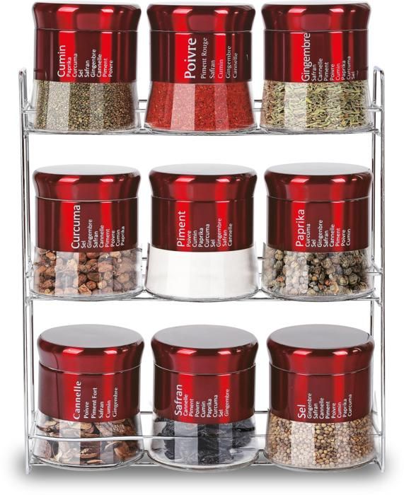 SET DE 9 BOITES A EPICES EN INOX ROUGE + SUPPORT IH-1085-9RD