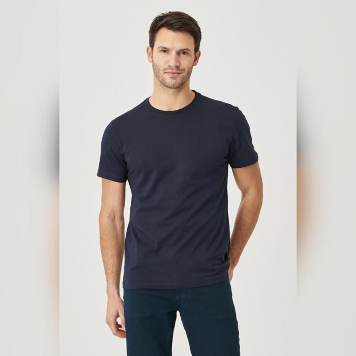 AC&Co - T-shirt bleu marine coupe slim col ras du cou 100% coton manches courtes