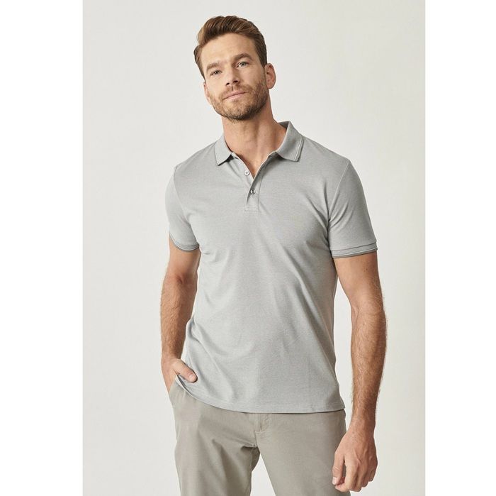 AC&Co - T-shirt Gris coupe slim col polo manches courtes