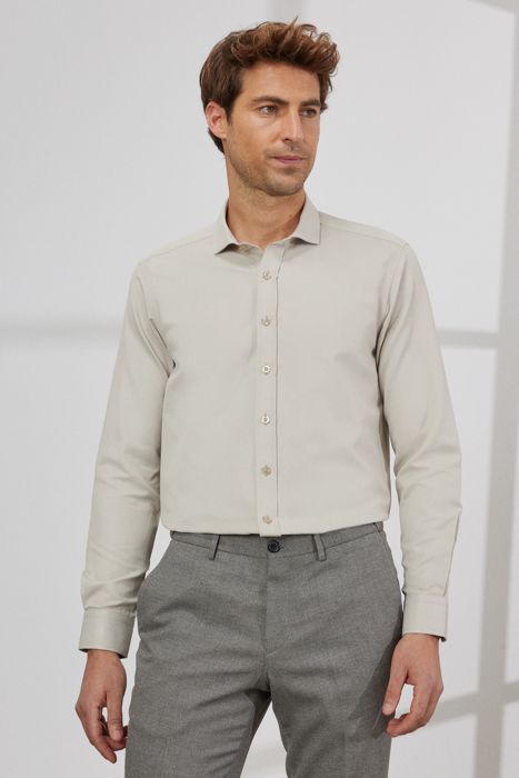 AC&Co - Chemise beige basic - coupe slim à col italien